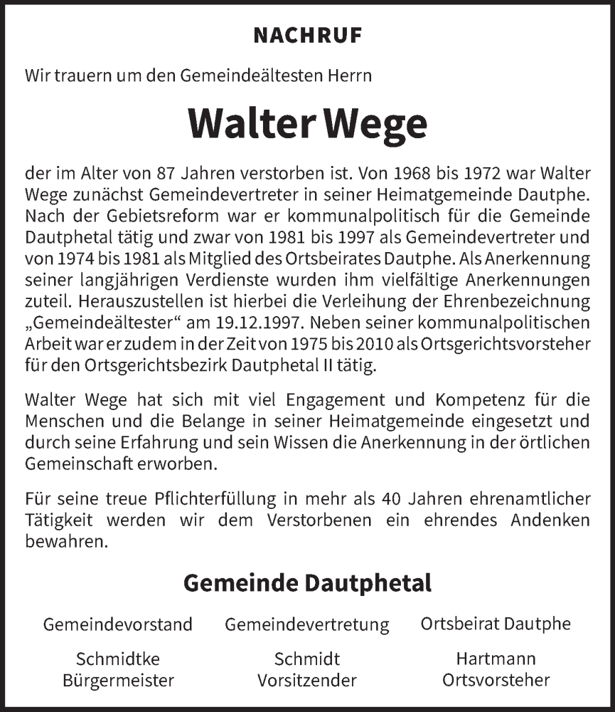  Traueranzeige für Walter Wege vom 15.04.2025 aus Hinterländer Anzeiger