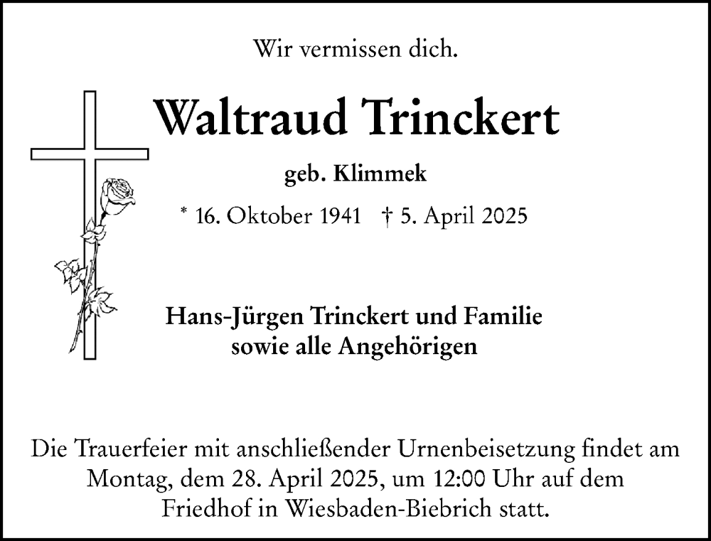  Traueranzeige für Waltraud Trinckert vom 19.04.2025 aus Wiesbadener Kurier