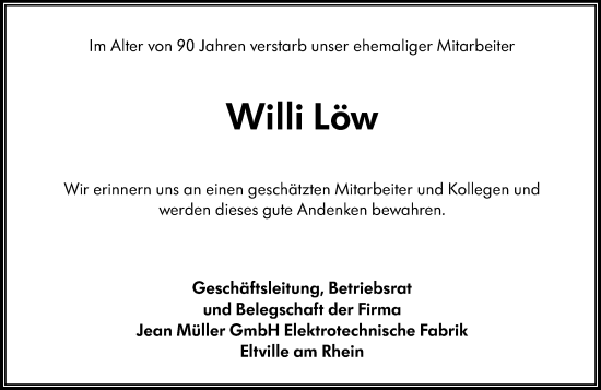 Traueranzeige von Willi Löw von Rheingau Kurier