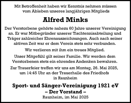 Traueranzeige von Alfred Minks von Rüsselsheimer Echo