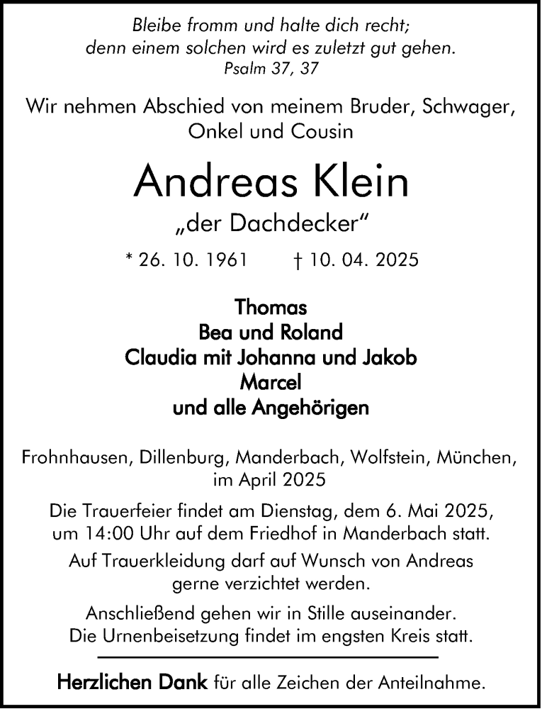  Traueranzeige für Andreas Klein vom 03.05.2025 aus Dill Block