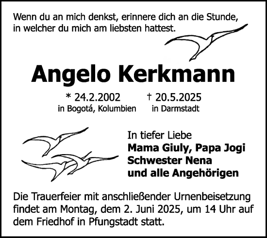 Traueranzeige von Angelo Kerkmann von Darmstädter Echo