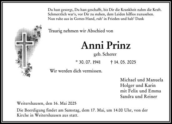 Traueranzeige von Anni Prinz von Hinterländer Anzeiger