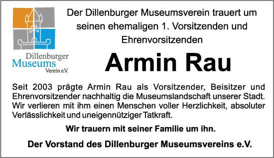 Traueranzeige von Armin Rau von Dill Block
