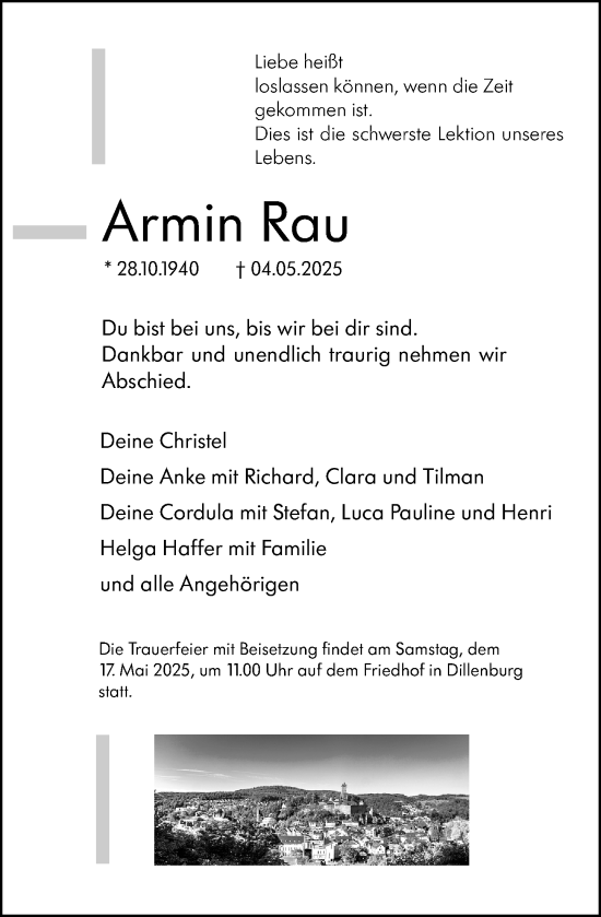 Traueranzeige von Armin Rau von Dill Block