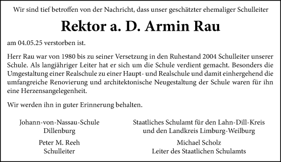 Traueranzeige von Armin Rau von Dill Block