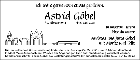 Traueranzeige von Astrid Göbel von Allgemeine Zeitung Mainz