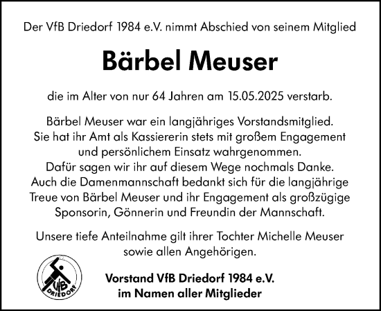 Traueranzeige von Bärbel Meuser von Dill Block