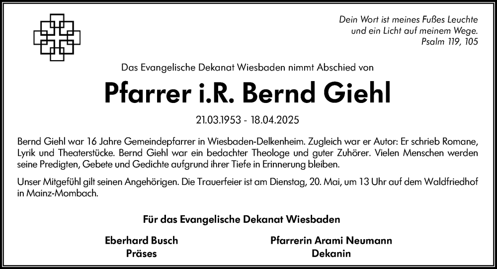 Traueranzeige für Bernd Giehl vom 17.05.2025 aus Wiesbadener Kurier