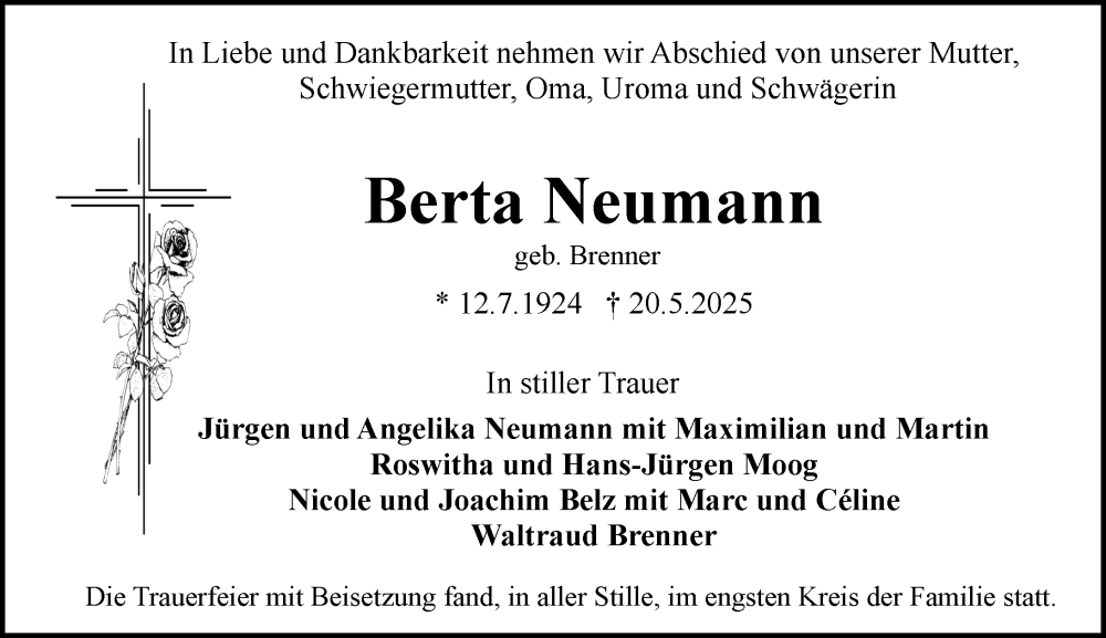  Traueranzeige für Berta Neumann vom 31.05.2025 aus Rüsselsheimer Echo