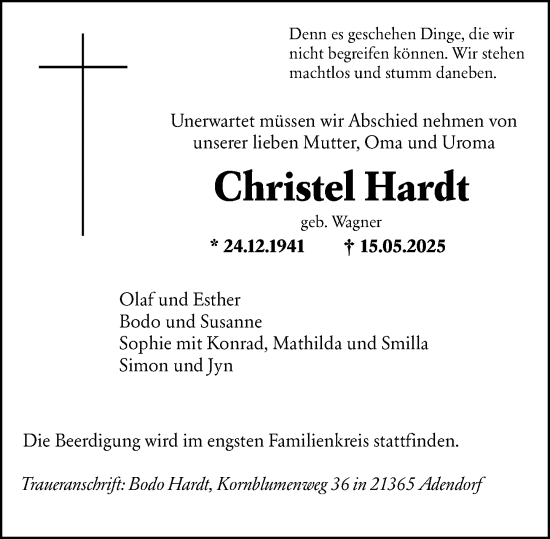 Traueranzeige von Christel Hardt von Wetzlarer Neue Zeitung