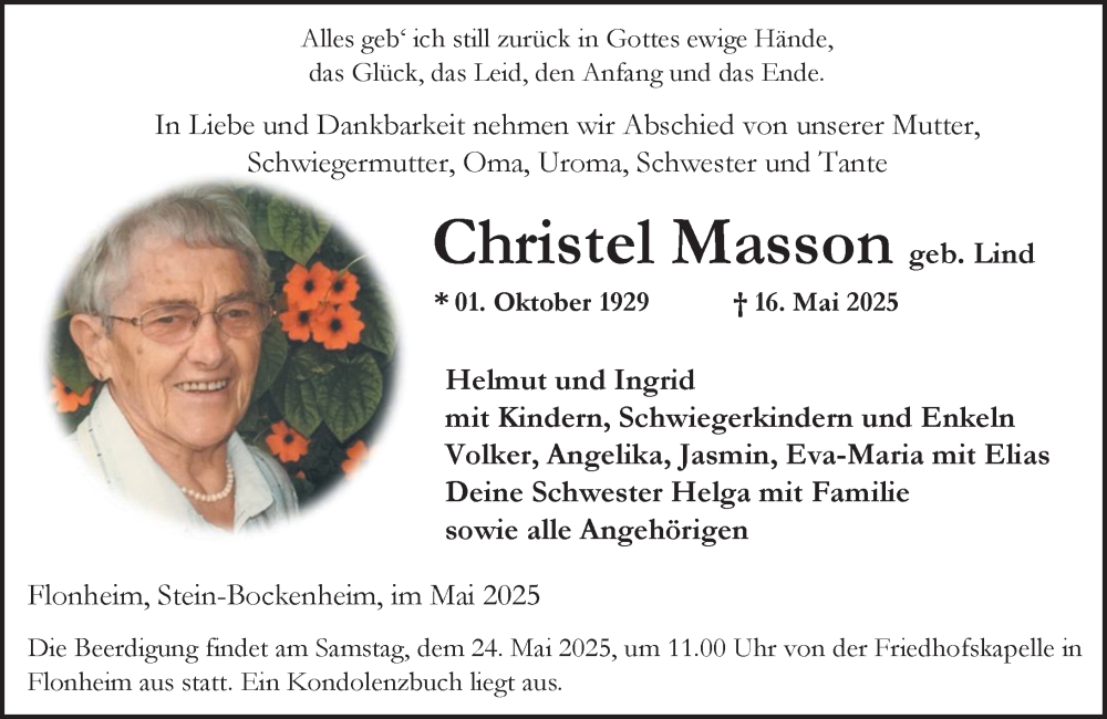  Traueranzeige für Christel Masson vom 21.05.2025 aus Allgemeine Zeitung Alzey