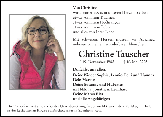 Traueranzeige von Christine Tauscher von Allgemeine Zeitung Mainz