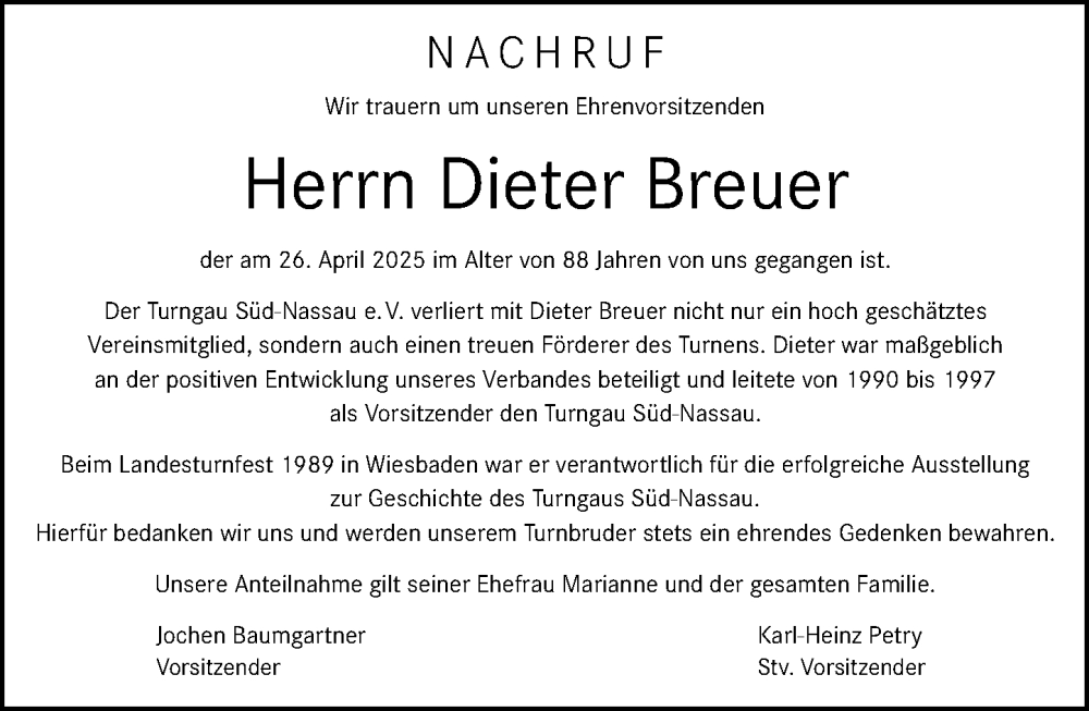  Traueranzeige für Dieter Breuer vom 07.05.2025 aus Wiesbadener Kurier
