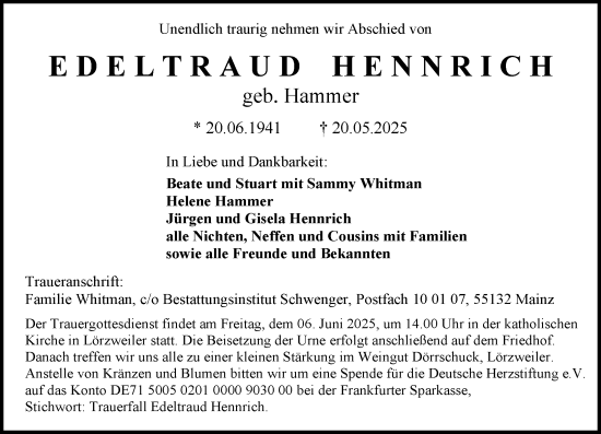 Traueranzeige von Edeltraud Hennrich von Allgemeine Zeitung Mainz