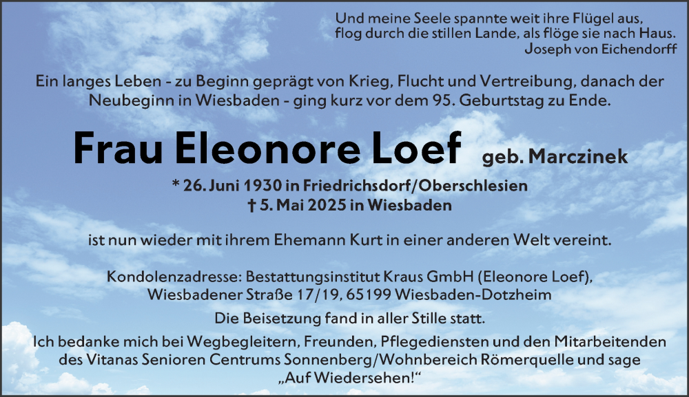  Traueranzeige für Eleonore Loef vom 24.05.2025 aus Wiesbadener Kurier