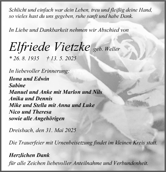 Traueranzeige von Elfriede Vietzke von Wetzlarer Neue Zeitung