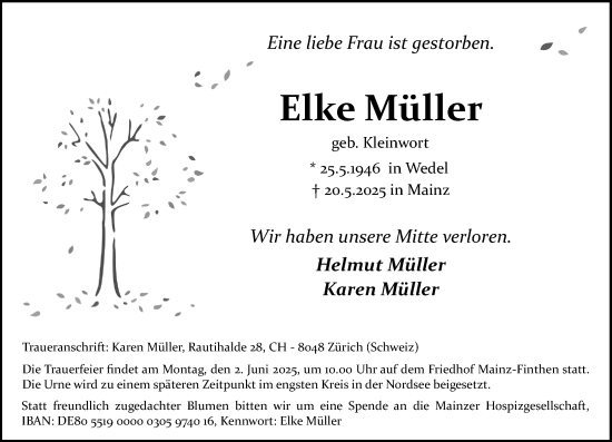 Traueranzeige von Elke Müller von Allgemeine Zeitung Mainz
