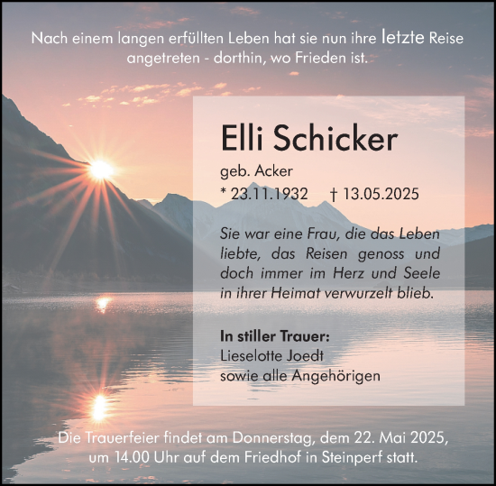 Traueranzeige von Elli Schicker von Hinterländer Anzeiger
