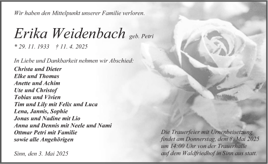 Traueranzeige von Erika Weidenbach von Dill Block