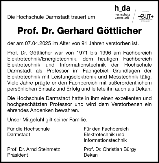 Traueranzeige von Gerhard Göttlicher von Darmstädter Echo