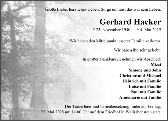 Traueranzeige von Gerhard Hacker von Camberger Anzeiger