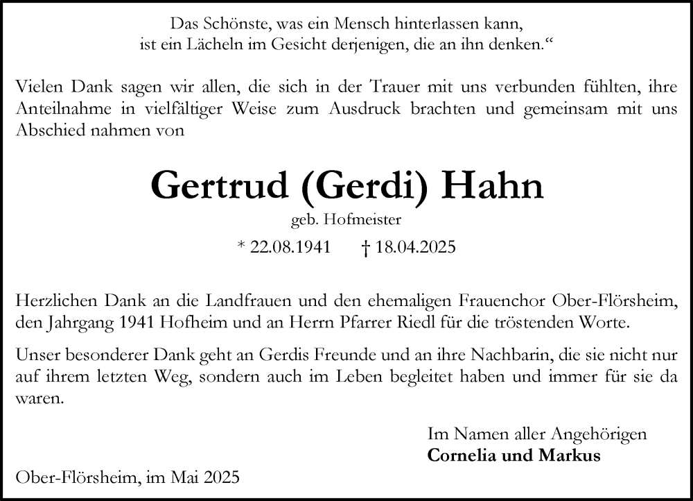  Traueranzeige für Gertrud Hahn vom 31.05.2025 aus Allgemeine Zeitung Alzey