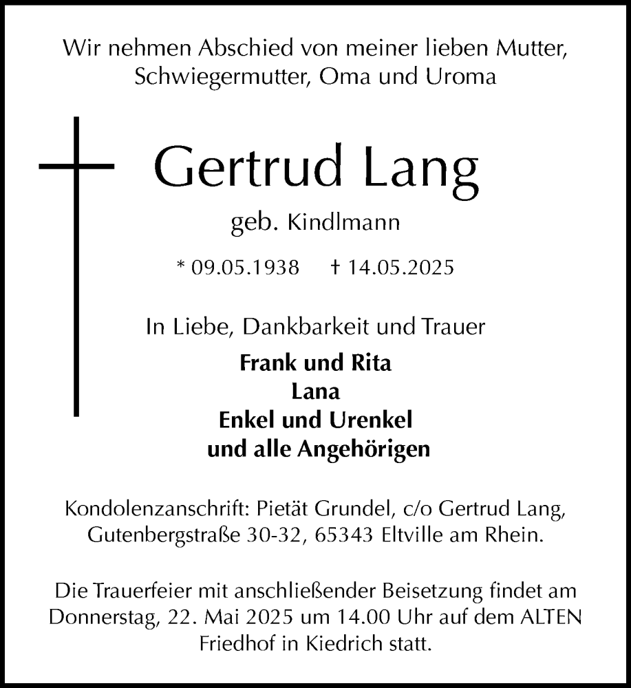  Traueranzeige für Gertrud Lang vom 17.05.2025 aus Rheingau Kurier