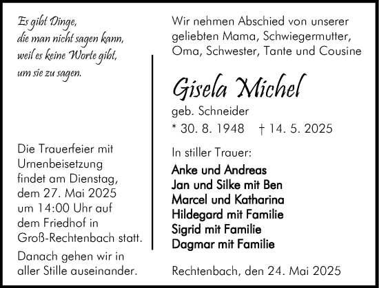 Traueranzeige von Gisela Michel von Wetzlarer Neue Zeitung