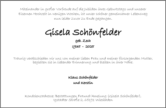 Traueranzeige von Gisela Schönfelder von Wiesbadener Kurier