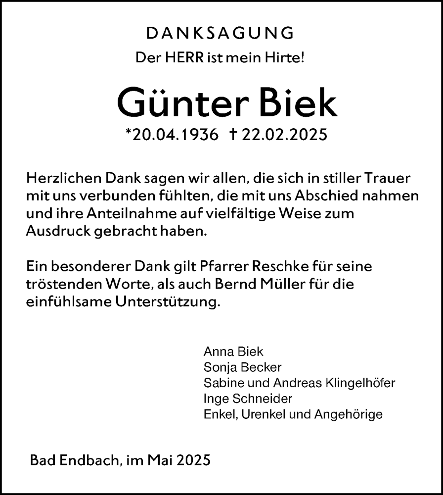  Traueranzeige für Günter Biek vom 03.05.2025 aus Hinterländer Anzeiger