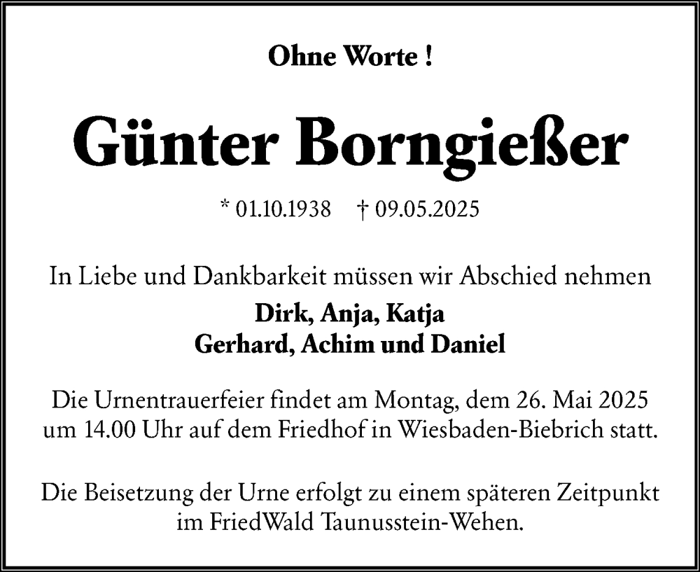 Traueranzeige für Günter Borngießer vom 17.05.2025 aus Wiesbadener Kurier