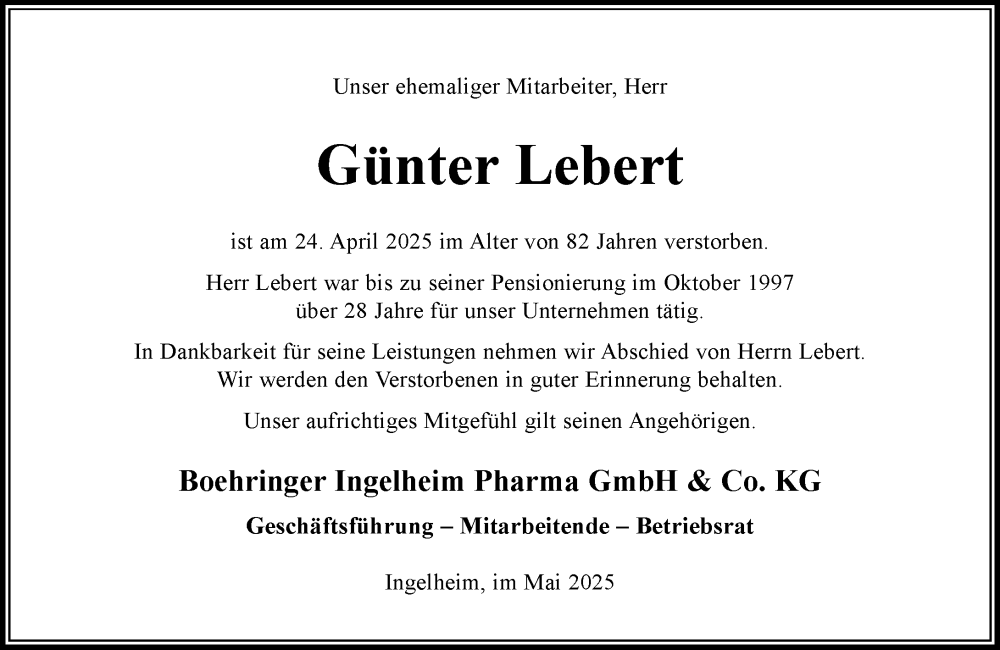  Traueranzeige für Günter Lebert vom 07.05.2025 aus Allgemeine Zeitung Rheinhessen-Nahe