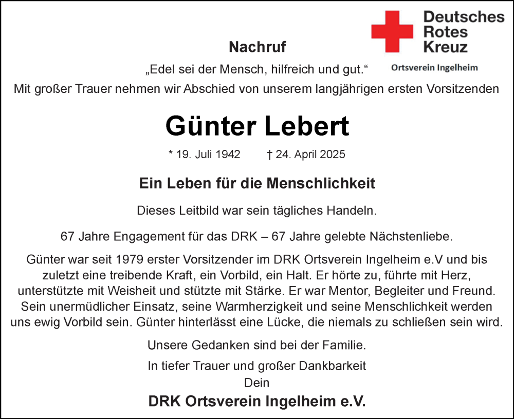  Traueranzeige für Günter Lebert vom 03.05.2025 aus Allgemeine Zeitung Rheinhessen-Nahe