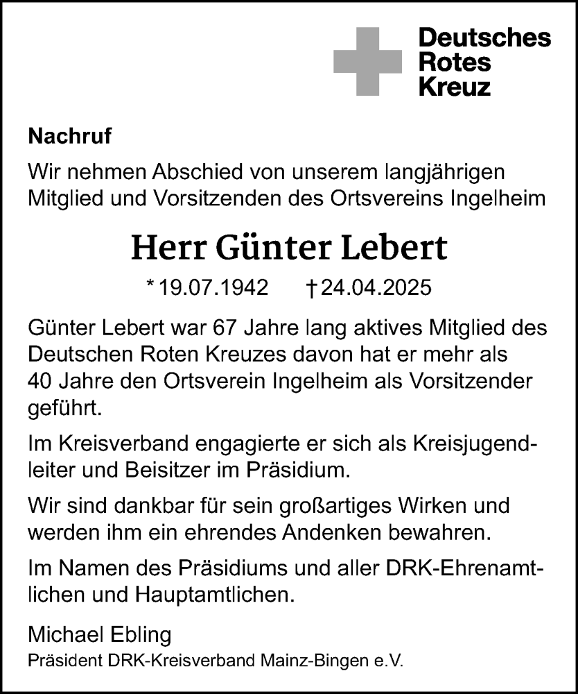  Traueranzeige für Günter Lebert vom 03.05.2025 aus Allgemeine Zeitung Mainz