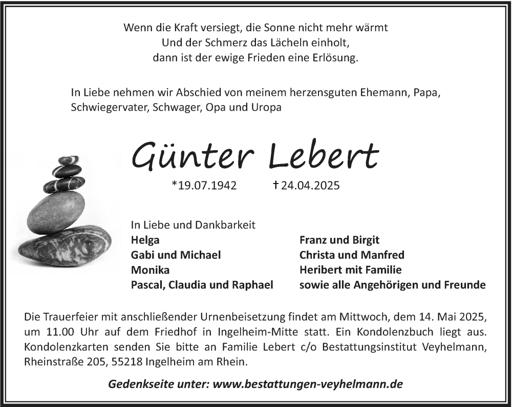  Traueranzeige für Günter Lebert vom 03.05.2025 aus Allgemeine Zeitung Rheinhessen-Nahe