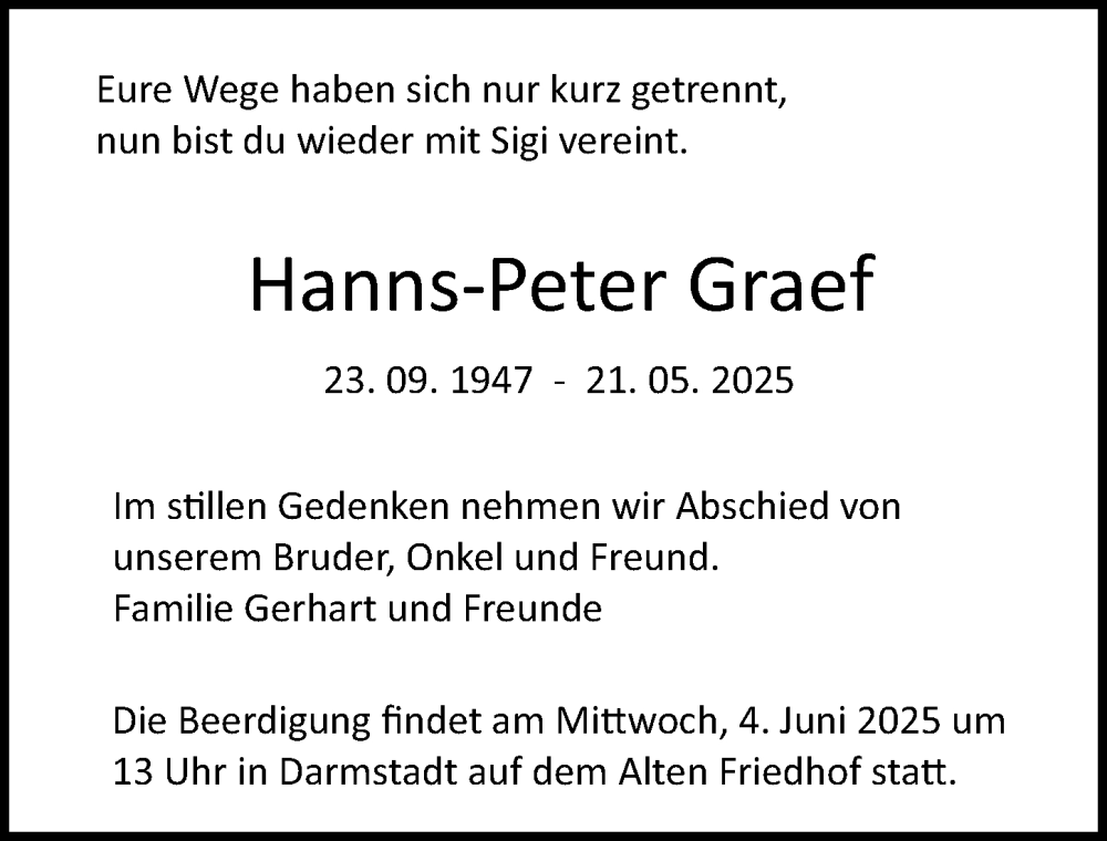  Traueranzeige für Hanns-Peter Graef vom 31.05.2025 aus Darmstädter Echo