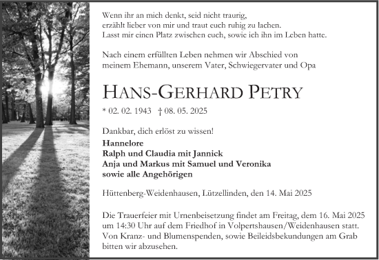 Traueranzeige von Hans-Gerhard Petry von Wetzlarer Neue Zeitung
