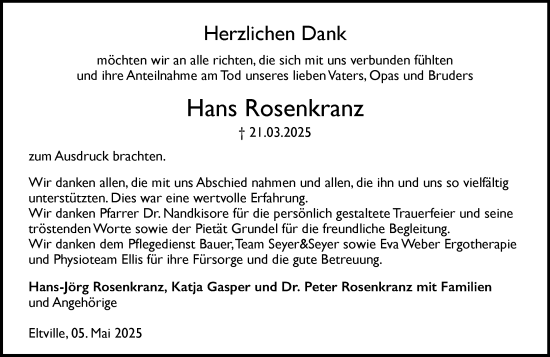 Traueranzeige von Hans Rosenkranz von Wiesbadener Kurier