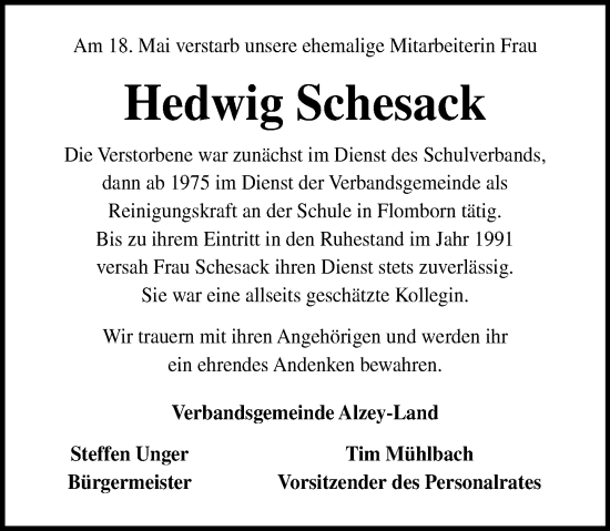 Traueranzeige von Hedwig Schesack von Allgemeine Zeitung Alzey