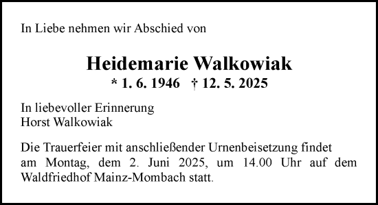Traueranzeige von Heidemarie Walkowiak von Allgemeine Zeitung Mainz