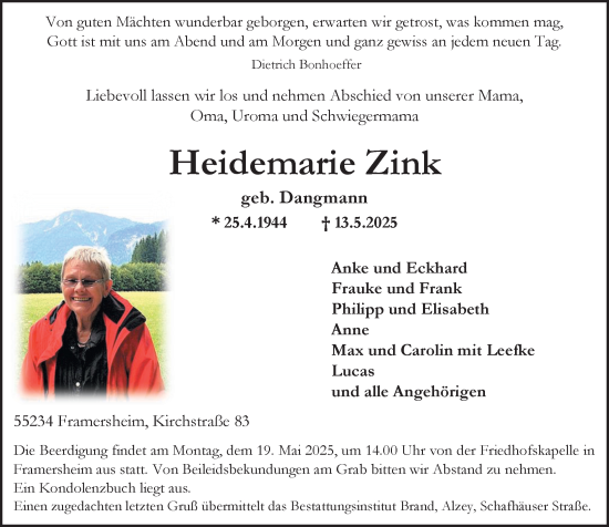 Traueranzeige von Heidemarie Zink von Allgemeine Zeitung Alzey