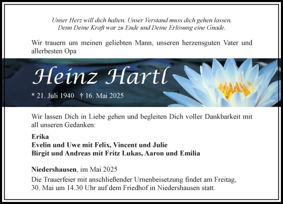 Traueranzeige von Heinz Hartl von Weilburger Tageblatt