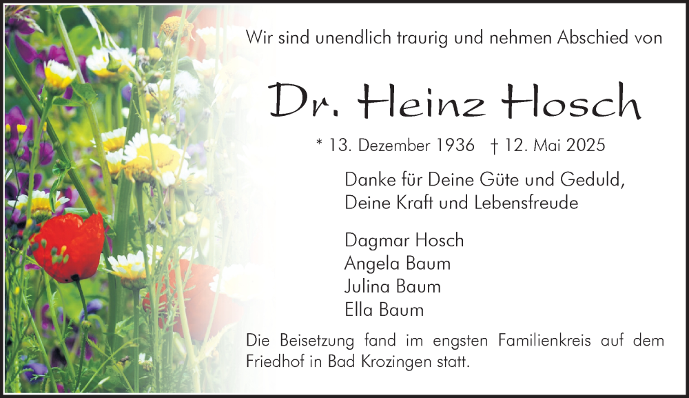  Traueranzeige für Heinz Hosch vom 20.05.2025 aus Hinterländer Anzeiger