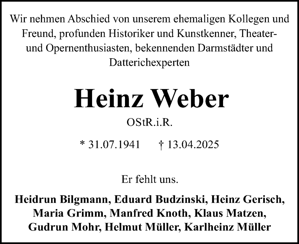 Traueranzeige für Heinz Weber vom 10.05.2025 aus Darmstädter Echo