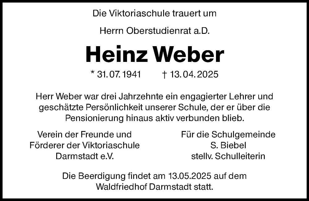  Traueranzeige für Heinz Weber vom 10.05.2025 aus Darmstädter Echo