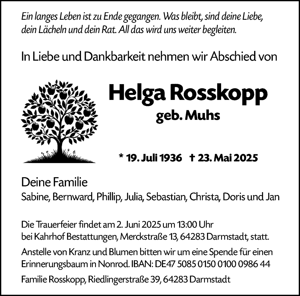 Traueranzeige für Helga Rosskopp vom 31.05.2025 aus Darmstädter Echo
