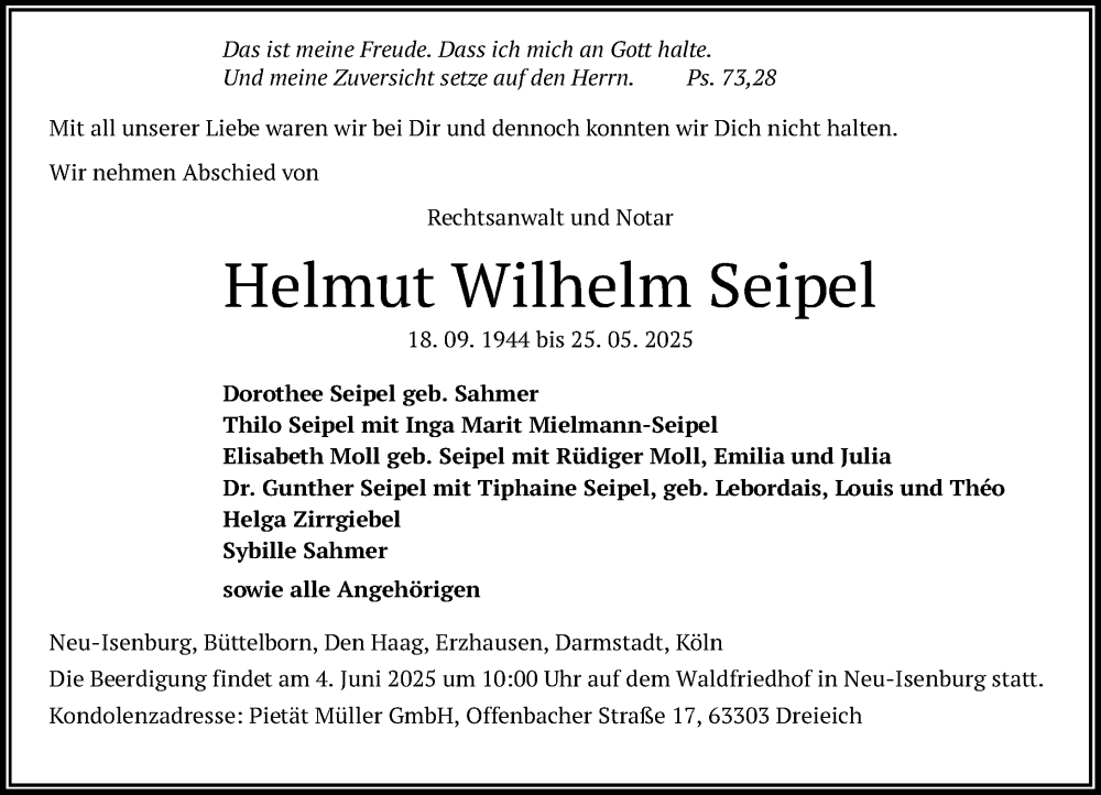  Traueranzeige für Helmut Wilhelm Seipel vom 31.05.2025 aus Darmstädter Echo