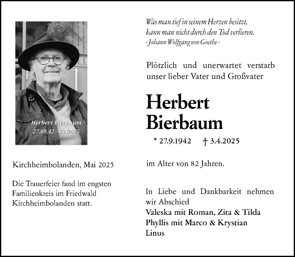  Traueranzeige für Herbert Bierbaum vom 24.05.2025 aus Wormser Zeitung