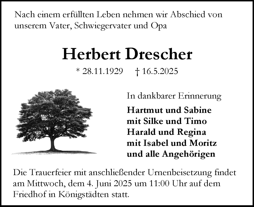  Traueranzeige für Herbert Drescher vom 24.05.2025 aus Rüsselsheimer Echo